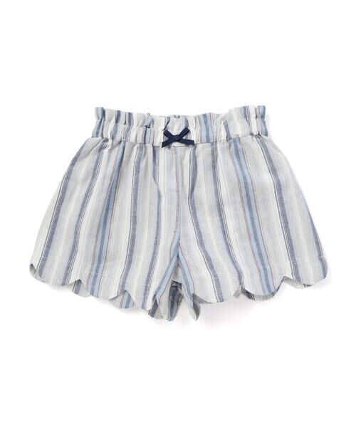 BeBe / べべ ショート・ハーフ・半端丈パンツ | 【お揃い】リネン調マルチストライプスカラップキュロットパンツ(80~100cm)（ネイビー系）