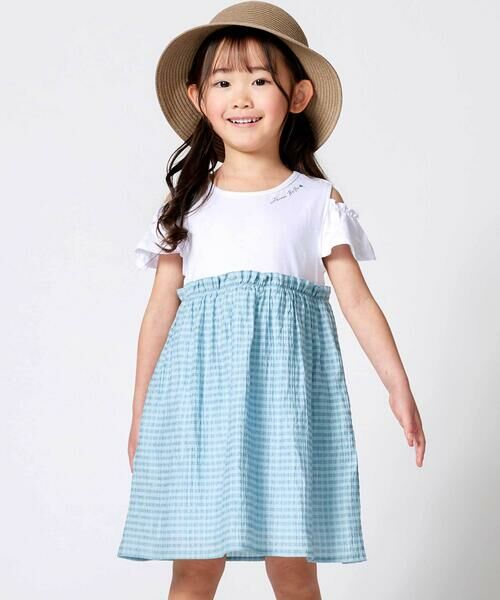 BeBe / べべ ミニ丈・ひざ丈ワンピース | シアーチェックドッキング肩開きワンピース(90~150cm)（グリーン系）