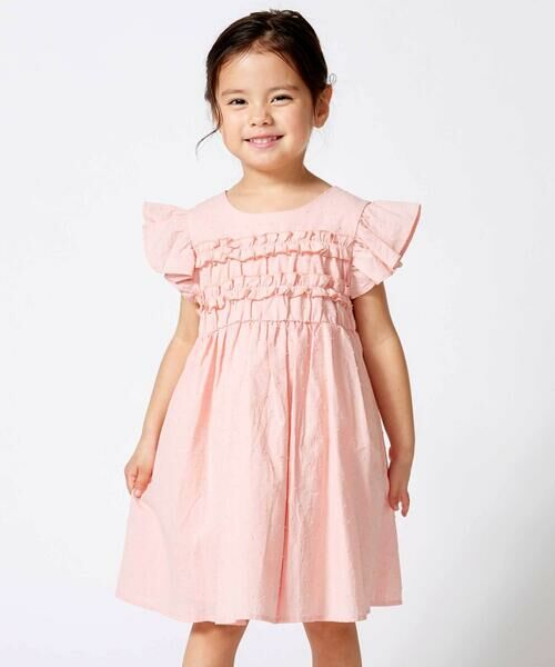 BeBe / べべ ミニ丈・ひざ丈ワンピース | ドットドビーフリルギャザーワンピース(90~140cm)（ピンク）