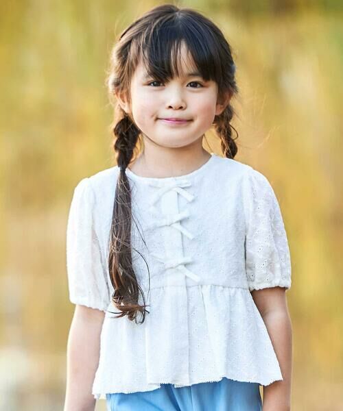 BeBe / べべ シャツ・ブラウス | フロント3連リボンペプラムブラウス(100~150cm)（ホワイト）