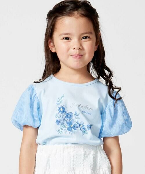 BeBe / べべ Tシャツ | ジャルダンフルーリプリントレースバルーンスリーブ天竺Tシャツ(80~150cm)（ブルー）