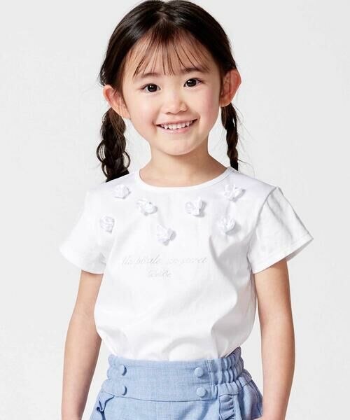 BeBe / べべ Tシャツ | サテンフラワーモチーフポンチ半袖Tシャツ(100~160cm)（ホワイト）