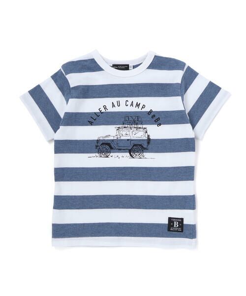 BeBe / べべ Tシャツ | ボーダーキャンピングカープリント杢天竺半袖Tシャツ(80~150cm)（ブルー系）