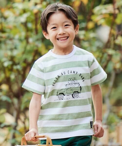BeBe / べべ Tシャツ | ボーダーキャンピングカープリント杢天竺半袖Tシャツ(80~150cm)（グリーン系）