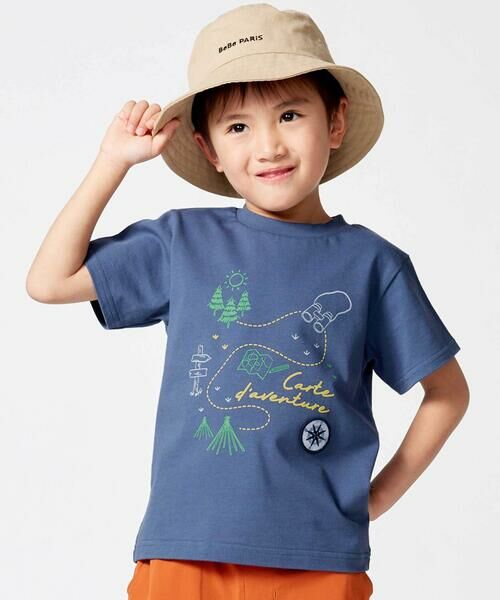 BeBe / べべ Tシャツ | コンパスワッペンアドベンチャーMAPプリント天竺半袖Tシャツ(90~150cm)（ネイビー）