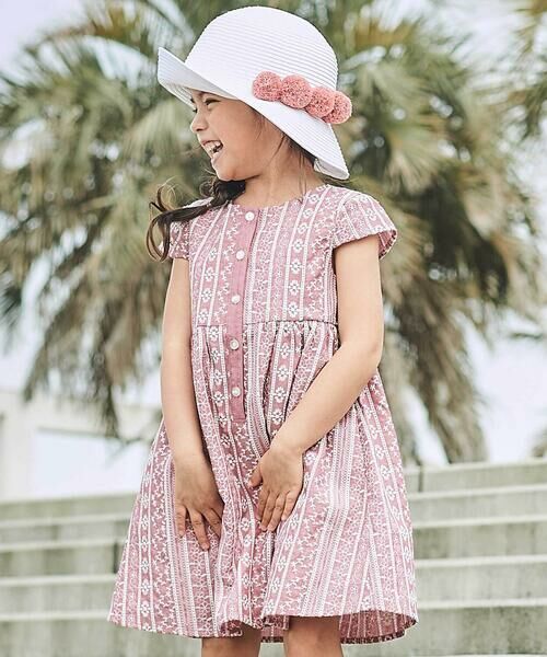 BeBe / べべ ミニ丈・ひざ丈ワンピース | 【お揃い】シャンブレーレース刺しゅうストライプワンピース(90~150cm)（レッド系）