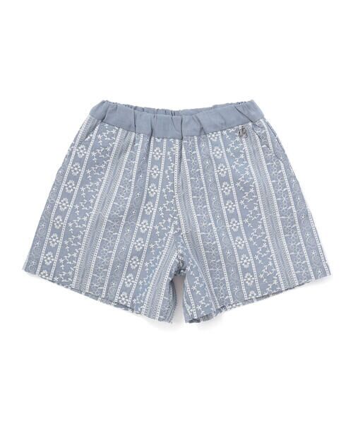 BeBe / べべ ショート・ハーフ・半端丈パンツ | 【お揃い】シャンブレーレース刺しゅうストライプショートパンツ(90~150cm)（ブルー系）