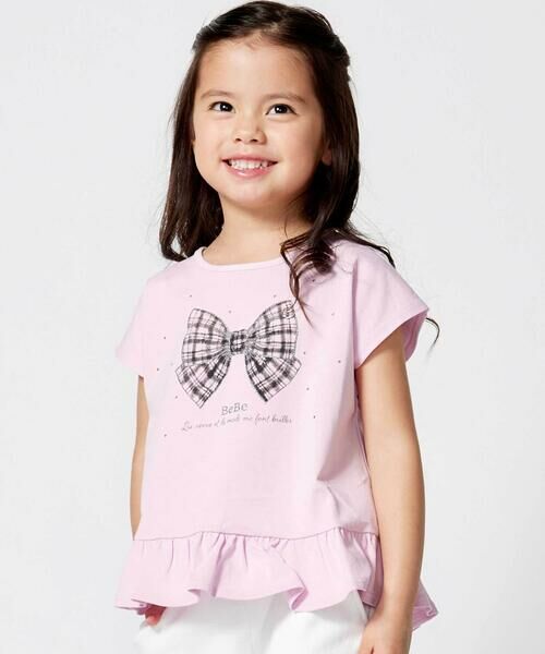 BeBe / べべ Tシャツ | 【接触冷感】チェックリボンプリント裾フリルヘムラインTシャツ(90~150cm)（ピンク）