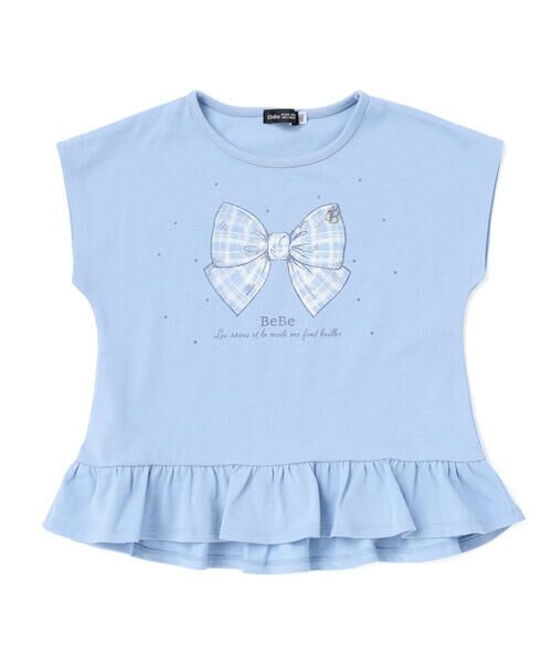 BeBe / べべ Tシャツ | 【接触冷感】チェックリボンプリント裾フリルヘムラインTシャツ(90~150cm)（ブルー）