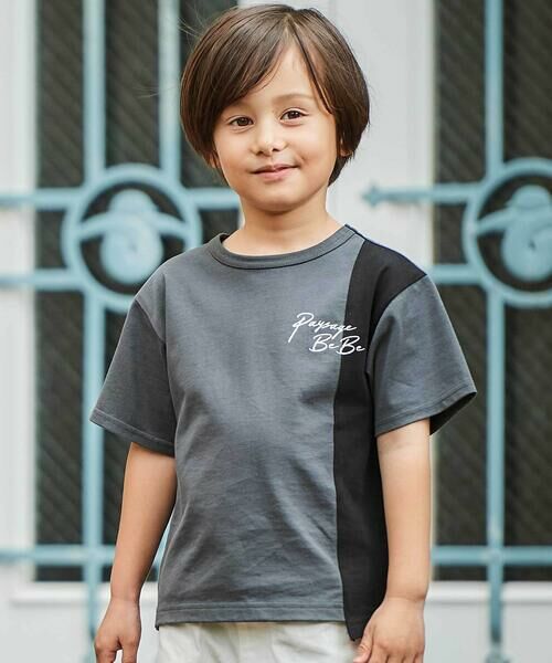 BeBe / べべ Tシャツ | 【接触冷感】アシンメトリー配色天竺半袖Tシャツ(90~160cm)（ブラック）