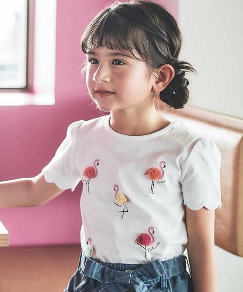 BeBe / べべ Tシャツ | フラミンゴモチーフスカラップ袖Tシャツ(80~150cm)（ホワイト）