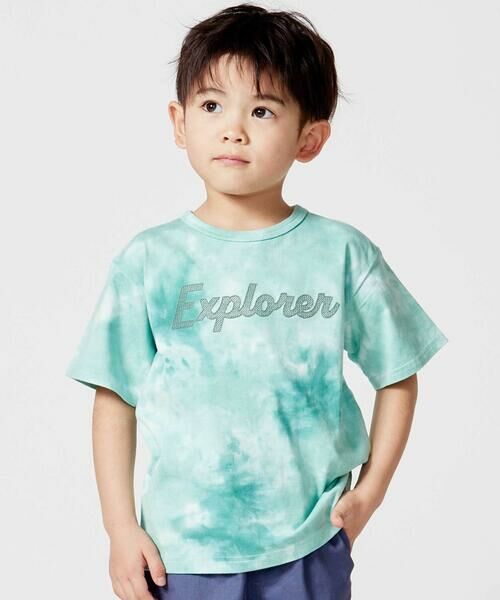 BeBe / べべ Tシャツ | Explorerメッシュロゴタイダイ染め天竺半袖Tシャツ(90~150cm)（グリーン系）