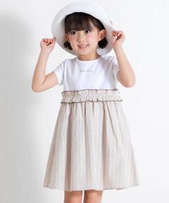 BeBe / べべ ミニ丈・ひざ丈ワンピース | 【お揃い】ナチュラルストライプ天竺切り替えウエストフリル半袖ワンピース(90~150cm)