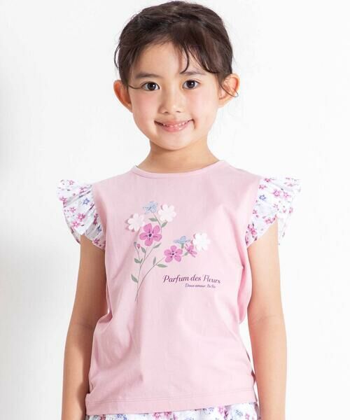 BeBe / べべ Tシャツ | 【お揃い】フラワープリントフリル袖Tシャツ(90~150cm)（ピンク）