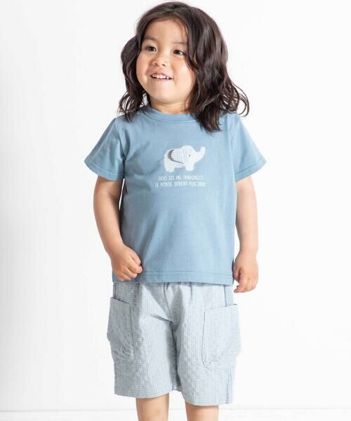 BeBe / べべ ベビー・キッズウエア | ゾウプリント天竺半袖Tシャツ+サイドポケットハーフパンツセット(80~90cm)（ブルー系）