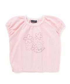 BeBe / べべ Tシャツ | 針抜きスムースステッチフラワー半袖ギャザーTシャツ(80~100cm)