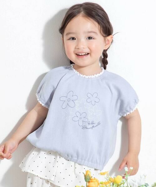 BeBe / べべ Tシャツ | 針抜きスムースステッチフラワー半袖ギャザーTシャツ(80~100cm)（ブルー）