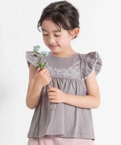 BeBe / べべ Tシャツ | フラワー刺しゅう天竺フリル袖フレアTシャツ(90~150cm)