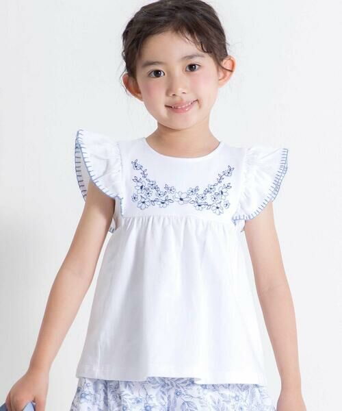 BeBe / べべ Tシャツ | フラワー刺しゅう天竺フリル袖フレアTシャツ(90~150cm)(ホワイト)