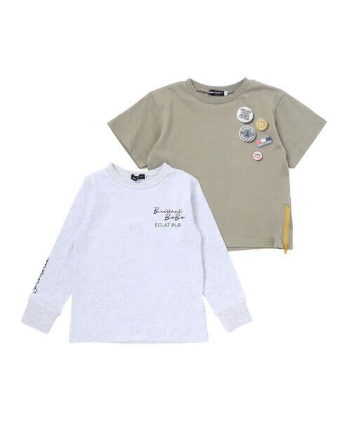 BeBe / べべ Tシャツ | 缶バッジ風立体プリント半袖Tシャツ+ロゴ長袖Tシャツ セット(90~160cm)（グリーン）