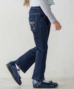 BeBe / べべ デニムパンツ | ジョグデニムリボン刺しゅうフレアロングパンツ(90~160cm)