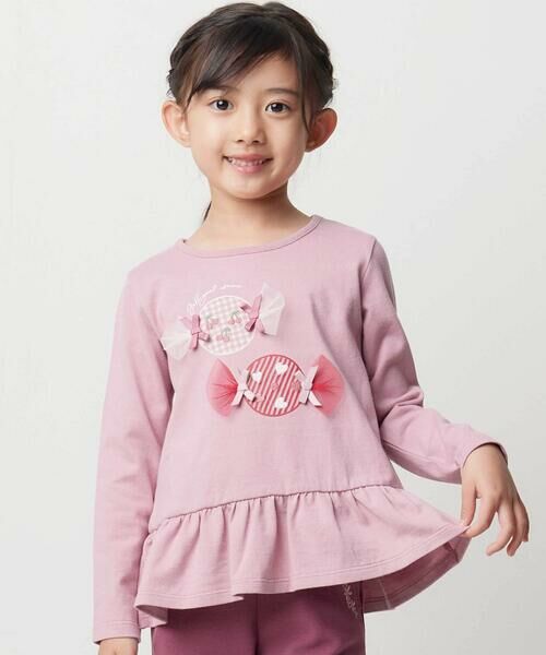 BeBe / べべ Tシャツ | 【抗菌・防臭】キャンディプリント裾フリル天竺長袖Tシャツ(90~130cm)（ピンク）