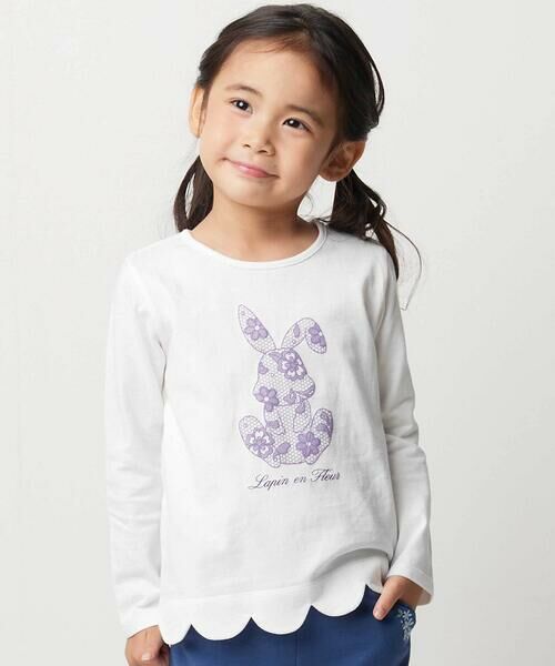 BeBe / べべ Tシャツ | 【抗菌・防臭】Rabbitレースプリント裾スカラップ天竺長袖Tシャツ(90~130cm)（オフホワイト）