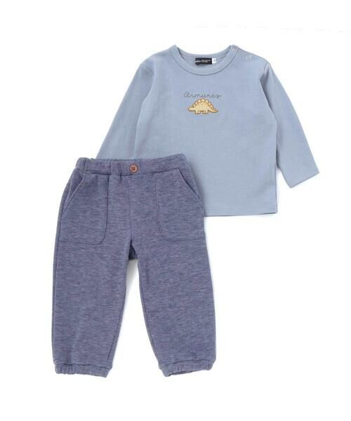 BeBe / べべ ベビー・キッズウエア | 恐竜刺しゅうスムース長袖Tシャツ+ムラ染めジョガーパンツ セット(80~90cm)（ブルー）