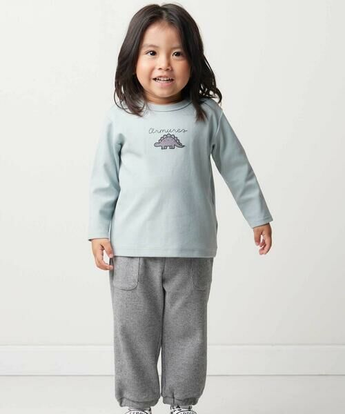 BeBe / べべ ベビー・キッズウエア | 恐竜刺しゅうスムース長袖Tシャツ+ムラ染めジョガーパンツ セット(80~90cm)（グリーン）