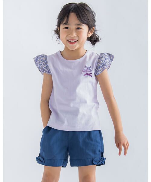 BeBe Petits Pois Vert / ベベ プチ ポワ ヴェール Tシャツ | 天竺 花柄 袖 フリル 3連 リボン トップス (95~150cm) | 詳細8