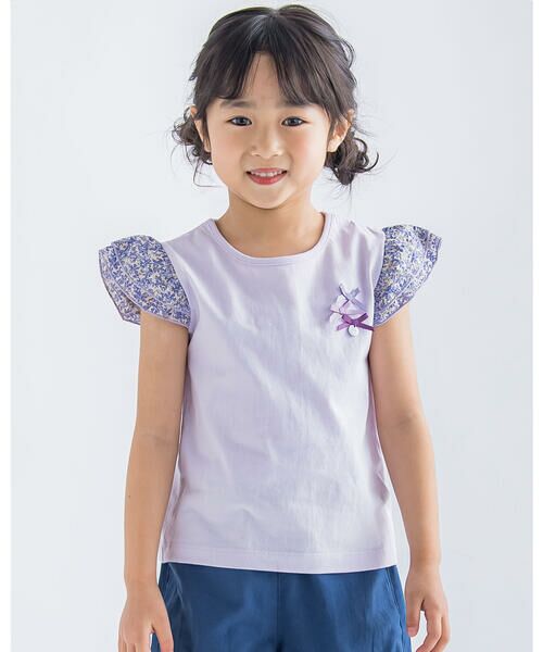 BeBe Petits Pois Vert / ベベ プチ ポワ ヴェール Tシャツ | 天竺 花柄 袖 フリル 3連 リボン トップス (95~150cm) | 詳細9