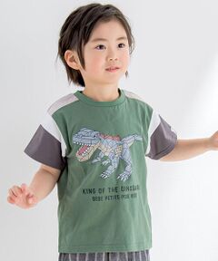 BeBe Petits Pois Vert / ベベ プチ ポワ ヴェール Tシャツ | 切り替え恐竜ブロックTシャツ(95~150cm)