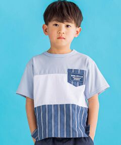 天竺配色＋ストライプ切り替えTシャツ(95~150cm)