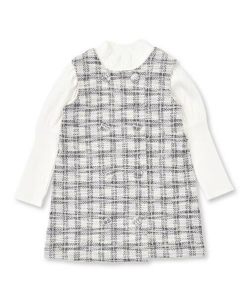 BeBe Petits Pois Vert / ベベ プチ ポワ ヴェール セットアップ | 【店舗限定】格子柄ツイードジャンパースカート+ボリュームスリーブトップスセット(95~150cm) | 詳細4