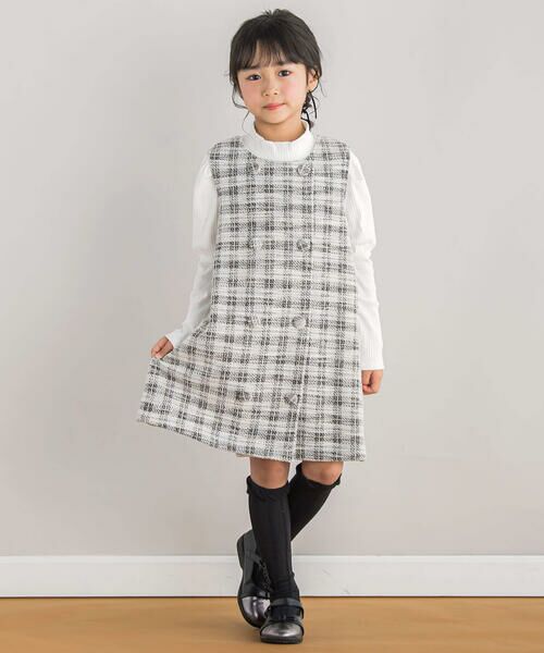 BeBe Petits Pois Vert / ベベ プチ ポワ ヴェール セットアップ | 【店舗限定】格子柄ツイードジャンパースカート+ボリュームスリーブトップスセット(95~150cm) | 詳細1