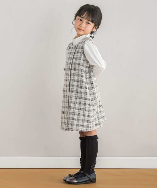 BeBe Petits Pois Vert / ベベ プチ ポワ ヴェール セットアップ | 【店舗限定】格子柄ツイードジャンパースカート+ボリュームスリーブトップスセット(95~150cm) | 詳細2