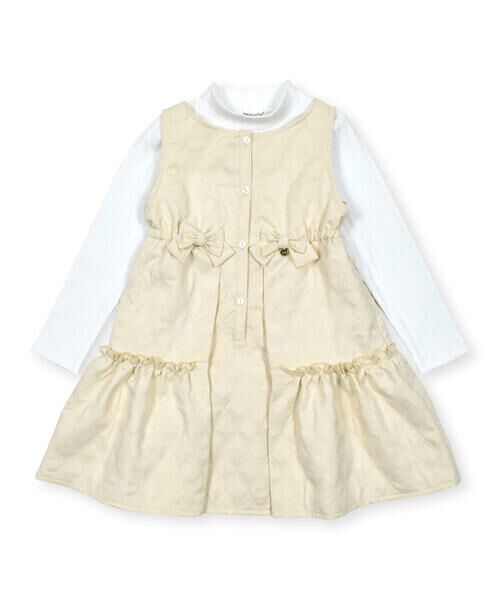 BeBe Petits Pois Vert / ベベ プチ ポワ ヴェール セットアップ | ひし形キルト切り替えジャンパースカート+プチハイネック長袖Tシャツセット(95~150cm) | 詳細5