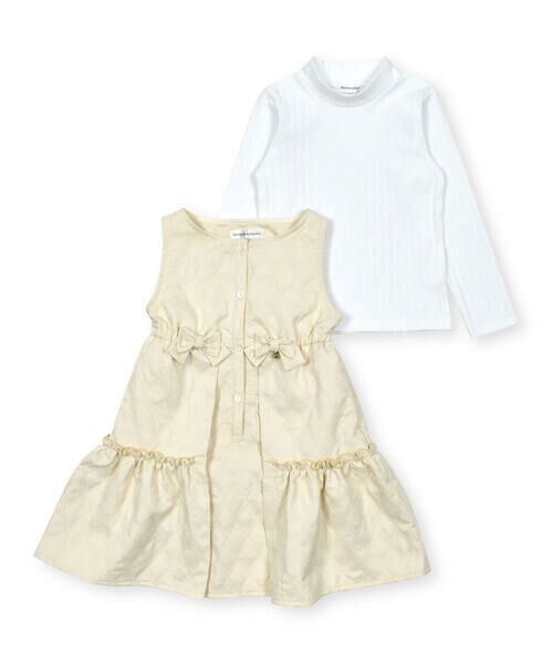 BeBe Petits Pois Vert / ベベ プチ ポワ ヴェール セットアップ | ひし形キルト切り替えジャンパースカート+プチハイネック長袖Tシャツセット(95~150cm) | 詳細7