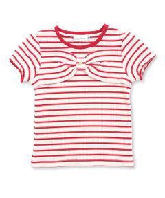 BeBe Petits Pois Vert / ベベ プチ ポワ ヴェール Tシャツ | リブボーダーリボンポイントTシャツ(95~150cm)