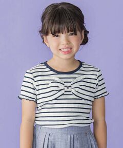 BeBe Petits Pois Vert / ベベ プチ ポワ ヴェール Tシャツ | リブボーダーリボンポイントTシャツ(95~150cm)