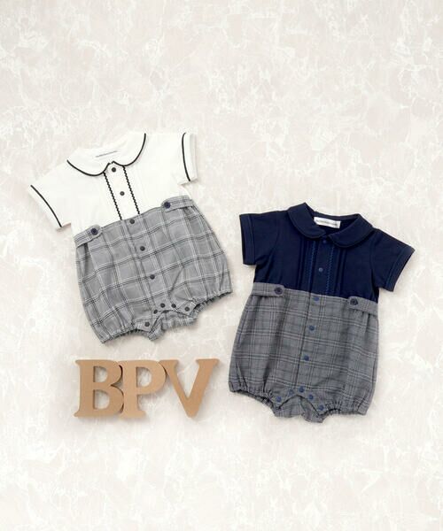 BeBe Petits Pois Vert / ベベ プチ ポワ ヴェール ロンパース | 【お揃い】カノコ＋千鳥格子ベビーロンパース(70~80cm) | 詳細1