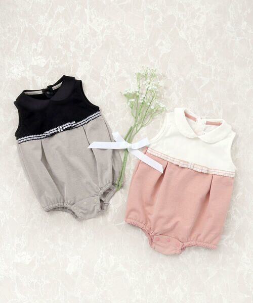 BeBe Petits Pois Vert / ベベ プチ ポワ ヴェール ロンパース | チェックリボンポイントロンパース(70~80cm) | 詳細1