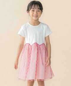 BeBe Petits Pois Vert / ベベ プチ ポワ ヴェール ミニ丈・ひざ丈ワンピース | シアーチェックチュール切り替え半袖ワンピース(95~150cm)