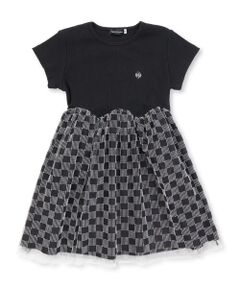 BeBe Petits Pois Vert / ベベ プチ ポワ ヴェール ミニ丈・ひざ丈ワンピース | シアーチェックチュール切り替え半袖ワンピース(95~150cm)