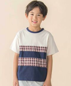 BeBe Petits Pois Vert / ベベ プチ ポワ ヴェール Tシャツ | 天竺無地+チェック切り替え半袖Tシャツ(95~150cm)