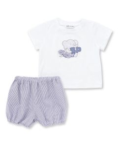 BeBe Petits Pois Vert / ベベ プチ ポワ ヴェール セットアップ | アニマルパッチ刺しゅう半袖Tシャツ+ストライプブルマセット(80~90cm)