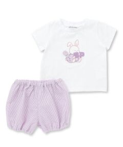 BeBe Petits Pois Vert / ベベ プチ ポワ ヴェール セットアップ | アニマルパッチ刺しゅう半袖Tシャツ+ストライプブルマセット(80~90cm)