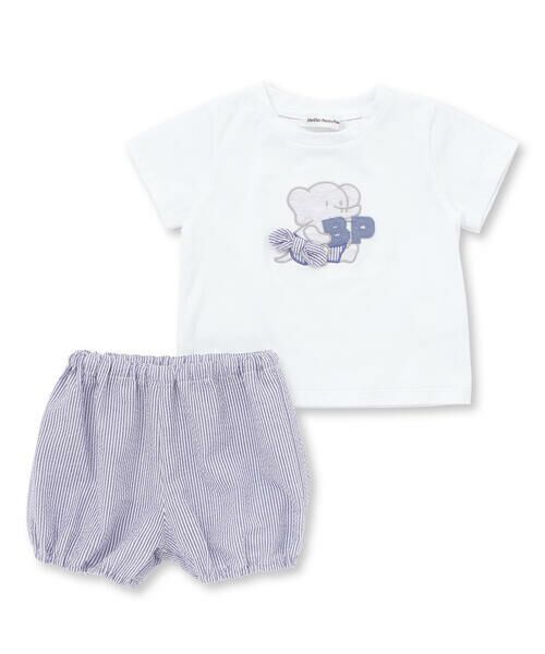 BeBe Petits Pois Vert / ベベ プチ ポワ ヴェール セットアップ | アニマルパッチ刺しゅう半袖Tシャツ+ストライプブルマセット(80~90cm) | 詳細1