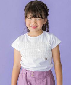 BeBe Petits Pois Vert / ベベ プチ ポワ ヴェール Tシャツ | チュールリボン切り替え天竺半袖Tシャツ(95~150cm)