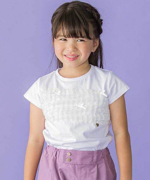 BeBe Petits Pois Vert/ベベ プチ ポワ ヴェール チュールリボン切り替え天竺半袖Tシャツ(95~150cm) ホワイト 150cm BeBe Petits Pois Vert/ベベ プチ ポワ ヴェール チュールリボン切り替え天竺半袖Tシャツ(95~150cm) ホワイト 150cm